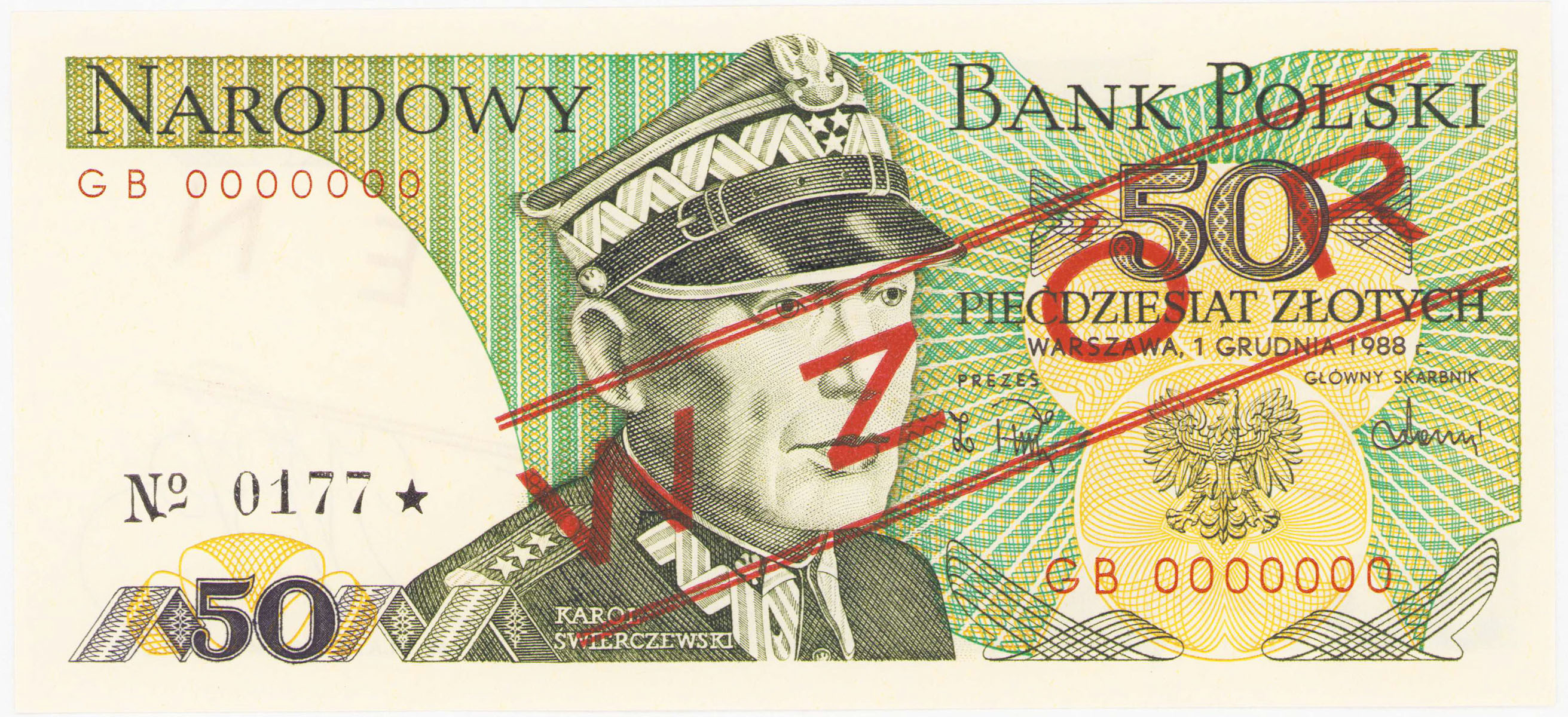 WZÓR / SPECIMEN. 50 złotych 1988 seria GB